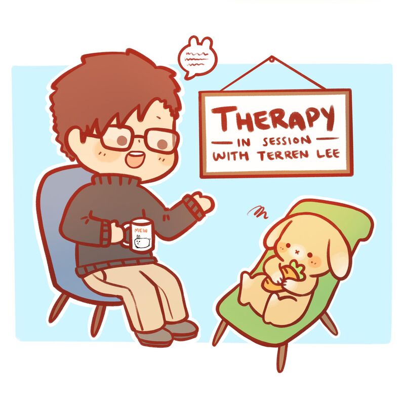 A cartoon drawing of Terren in a therapy session.